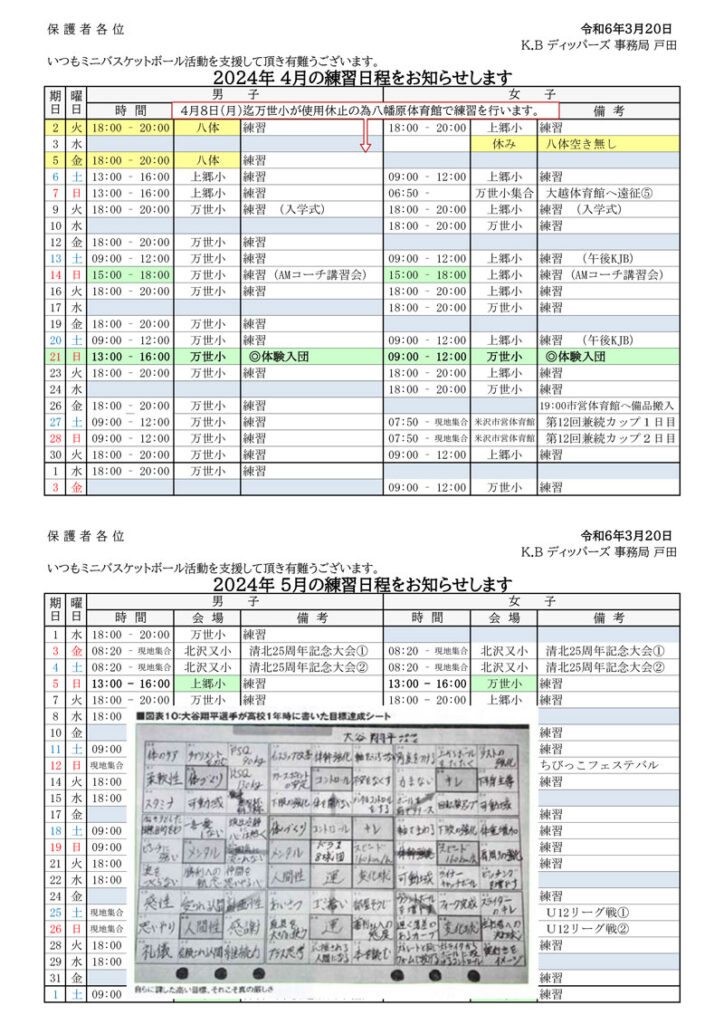 2024年3月の練習予定(大谷選手の目標達成シート付き）